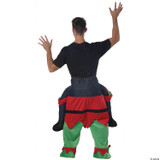 Morris Carry Me Elf Costume, a person dressed in a festive elf costume with green and red pants, and a person on their back, view from behind.