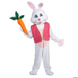 Fantasy Costumes Easter Rabbit Bunny Male Dlx, a plush white bunny costume with pink accents, wearing a pink vest and holding a large orange carrot.