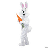 Halco Deluxe Adult Bunny Mascot, a person dressed in a white bunny costume holding a large orange carrot.