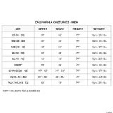 California Costumes Gangster Costume - Adult, size chart for men's costumes with measurements and weight limits.