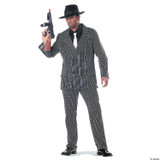 California Costumes Gangster Costume - Adult, man dressed as a gangster in a pinstripe suit, black fedora, holding a toy gun.