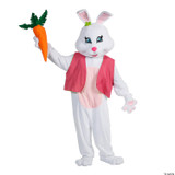 Fantasy Costumes Easter Rabbit Bunny Female Dlx, a person in a white rabbit costume with pink accents, holding a large plush orange carrot with green leaves, featuring a lively rabbit head with big blue eyes and a pink nose.