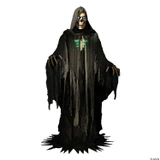 Seasonal Visions 10' Towering Reaper Animated Prop, a tall, spooky skeletal figure with glowing eyes, wearing a tattered black cloak with a hood and long, hanging fabric strips for a haunting Halloween display.