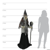 Seasonal Visions 6' Lunging Witch With DigitEye Animated Prop, a tall Halloween witch decoration with a spooky face, wearing a pointed hat, holding a staff with a skull, and draped in tattered clothing, standing next to a human silhouette for size comparison.