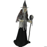 Seasonal Visions 6' Lunging Witch With DigitEye Animated Prop, a Halloween decoration featuring a spooky witch figure with tattered clothing, a pointed hat, and a staff with a skull, designed for entertaining and frightening during the spooky season.