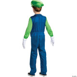 Disguise Super Mario Bros.™ Luigi Costume Deluxe- Child, front view of a child wearing a green hat, blue jumpsuit with green sleeves, white gloves, and black shoes, back view.
