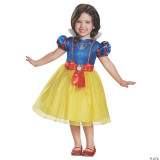 Disguise Snow White and the Seven Dwarfs Toddler Costume, a young girl wearing a Snow White dress with a blue satin bodice, puffed sleeves with red satin accents, a yellow tulle skirt, and a red bow at the waist with a Snow White cameo, paired with red glitter shoes.