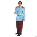 Disguise Prince Charming Prestige Costume - Cinderella, a man dressed in a detailed prince costume with a light blue military-style jacket with epaulets and gold accents, paired with maroon pants with a gold stripe.