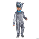 Disguise Bingo Classic Child Costume - Puppy Pals, a child's puppy costume with a shiny gray body suit and a large puppy face hood with big blue eyes and floppy ears.