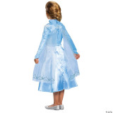 Disguise Elsa Child Costume Frozen II, girl wearing a light blue Elsa dress with sheer cape and silver glitter shoes, back view.