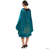 Disguise Frozen 2 Queen Anna Costume - Adult Deluxe, a woman wearing a teal velvet cape with gold embroidery from the back, featuring a design inspired by Queen Anna from Frozen 2, paired with a matching skirt and black high heels.