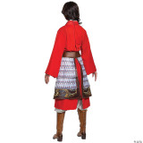 Disguise Mulan Hero Red Dress Deluxe Costume, side view of a woman wearing a traditional red costume with layered skirt, detailed patterns, and brown boots, portraying the heroic character Mulan.