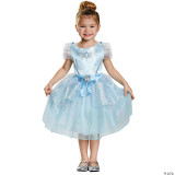 Disguise Cinderella Classic Costume- Child Toddler, young girl wearing a light blue princess Cinderella dress with puffy sleeves, glittery tulle skirt, and a satin bow at the waist with Cinderella emblem, smiling happily.