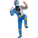 Disguise Power Ranger Dino Fury Muscle Child Costume - Blue, child wearing a blue and silver superhero costume with muscle padding and a matching helmet.
