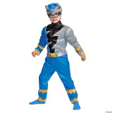 Disguise Power Ranger Dino Fury Costume- Blue, child wearing a blue and gray Power Ranger Dino Fury costume with a helmet, gloves, and matching blue pants for kids.