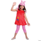 Disguise Peppa Pig Deluxe Child costume, girl wearing a red Peppa Pig dress with pink tights and a Peppa Pig headpiece, smiling and waving.