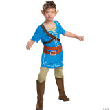 Disguise Link Breath Of The Wild Child Classic Costume, a young boy dressed as Link from the Legend of Zelda with elf ears, a blue tunic with print design, brown belt, khaki pants, and tall brown boots.