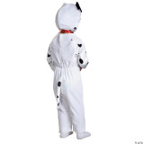 Disguise 101 Dalmatians Puppy Costume, a child's costume designed to look like a Dalmatian puppy with black spots on a white suit, complete with a hood and tail.