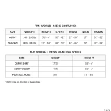 Fun World Convict Costume - Adult, image showing a detailed comparison size chart and product packaging for men's convict costume for Halloween or dress-up parties.