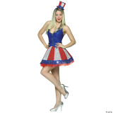 Rasta Imposta Samantha Patriotic Costume - Adult, woman wearing a patriotic costume with a red, white, and blue dress featuring stars and stripes, paired with a matching top hat and silver high heels.