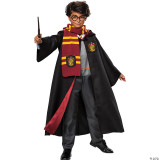 Disguise Harry Potter Deluxe Costume -Child, child dressed as Harry Potter from Harry Potter series, wearing Hogwarts robe, scarf, glasses, holding magic wand, and standing confidently.