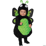 Underwraps Butterfly Toddler Costume - Green, a young child dressed in a cute butterfly costume with green and black wings, a fuzzy black body, and antennae, smiling at the camera.
