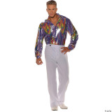 Underwraps Disco Shirt Multi - Men's, a man wearing a colorful, shiny disco shirt with an abstract swirl pattern and white pants, showcasing a vibrant, retro style perfect for dance parties and festive events.