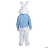 Fantasy Costumes Easter Bunny Costume with Blue Jacket & Vest, clown character dressed in a white bunny head mask, blue jacket with orange details, and white bunny suit in the back view.