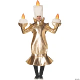 Rasta Imposta Candelabra Costume - Adult, humorous costume with a person dressed as a golden candelabra with three lit candles on top, part of a novelty Halloween or themed party outfit.