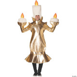 Rasta Imposta Tea Pot With Lid Costume Adult, a person wearing a gold tea pot-shaped costume with a white lid and flames on top, including matching arm and wrist accessories.