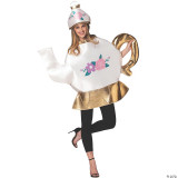 Rasta Imposta Tea Pot With Lid Costume Adult, woman wearing a tea pot costume with floral design, gold accents, and a matching tea pot lid hat, suitable for parties or themed events.