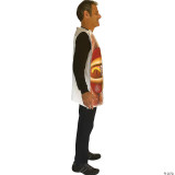 Rasta Imposta Oscar Mayer Weiner Pkg Adult costume, man wearing a hot dog sausage costume with mustard and relish, side view.