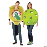 Rasta Imposta Pickle Ball Paddle/Ball Couple Costume - Adult, pair of adults wearing playful pickleball-themed costumes, one with a paddle and ball design, the other with a large green pickleball ball outfit, suitable for parties or sporting events.