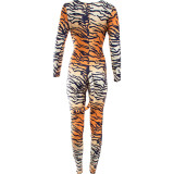 Underwraps Tiger Cool Cat Sexy costume, full-body tiger print jumpsuit with orange, black, and beige stripes and long sleeves.
