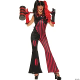 Underwraps Misfit Harley Women's Costume - Adult, a woman dressed in a red and black striped Harley Quinn inspired costume with a jester hat and a mallet prop.