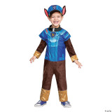 Disguise Chase Classic Costume - Paw Patrol, young child dressed in a blue and brown Paw Patrol Chase superhero costume with a matching hat and ears, smiling and posing with open arms.