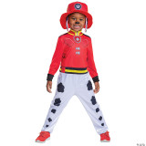 Disguise Marshall Classic Costume - Paw Patrol, child wearing a red firefighter costume with a hat featuring a paw print, white pants with black spots, and red shoes, children's costume for role-play and dress-up.