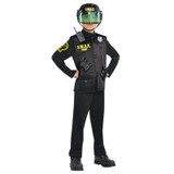Amscan SWAT Team Boys Costume Medium 7-8, child dressed in a police SWAT team outfit with helmet, badge, and tactical gear for kids' costume or role-play.