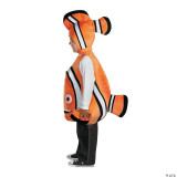 Disguise Nemo Deluxe Child Costume - Finding Nemo - Small, a child dressed in an orange clownfish costume with black and white stripes, a plush tail and fins, and a cartoonish fish face on the front.