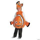 Disguise Nemo Deluxe Child Costume - Finding Nemo - Small, a child's costume resembling a clownfish with orange, white, and black colors, featuring a friendly face with big eyes and a wide smile, worn by a young boy.