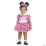 Disguise Pink Minnie Classic Costume 12-18 Months, a toddler girl dressed in pink Minnie Mouse-themed costume with polka dots, bow detail, and Minnie Mouse ears headband.