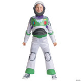 Disguise Space Ranger Buzz Lightyear Deluxe Child Costume, child dressed in a detailed Buzz Lightyear space ranger costume with helmet, colorful spacesuit, and sneakers.