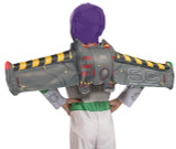 Disguise Buzz Lightyear Space Ranger Inflatable Jetpack, colorful gray, red, and yellow inflatable jetpack worn by a child with a purple hood.