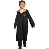 Disguise Harry Potter Hogwarts Classic Robe- Child, a black wizard costume with a yellow-lined hood and Hogwarts crest on the chest.