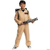Disguise Ghostbusters Child Costume Deluxe 80's, a young boy dressed in a Ghostbusters uniform with a proton pack and a ghost trap, smiling and holding a Proton Gun toy.