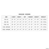 Disguise Ghostbusters Costume Women's 80's, infographic showing size chart with measurements for chest, waist, hip, inseam, height, and weight for different women's sizes.