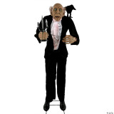 Sunstar Butler Animated, a life-sized walking figure of a butler dressed in a tuxedo, holding a candelabrum and wearing a mask with a humorous, exaggerated face.