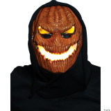 Morris Flame Fiend Hallows Hellion Mask With Hood, illuminated terrifying pumpkin face mask with sharp teeth and glowing eyes, black hooded costume for Halloween or cosplay.