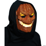 Morris Flame Fiend Hallows Hellion Mask with Hood, a spooky Halloween mask resembling a fiery, demonic face with menacing eyes and a sinister grin, worn with a black hood.