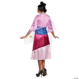 Disguise Mulan Deluxe Costume Adult, woman in a vibrant pink and blue satin Chinese princess dress with sheer overlay cape and high heels.